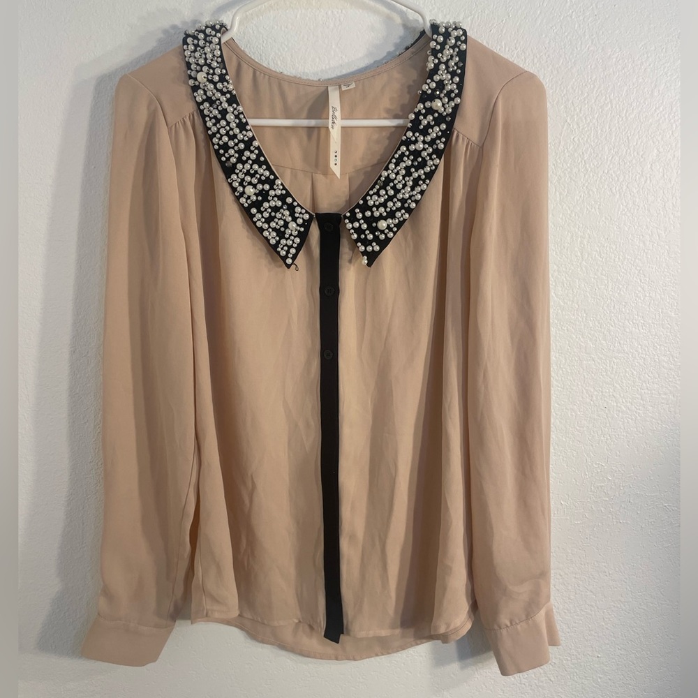 Light pink long sleeve button down with embellished pearl collar, size s